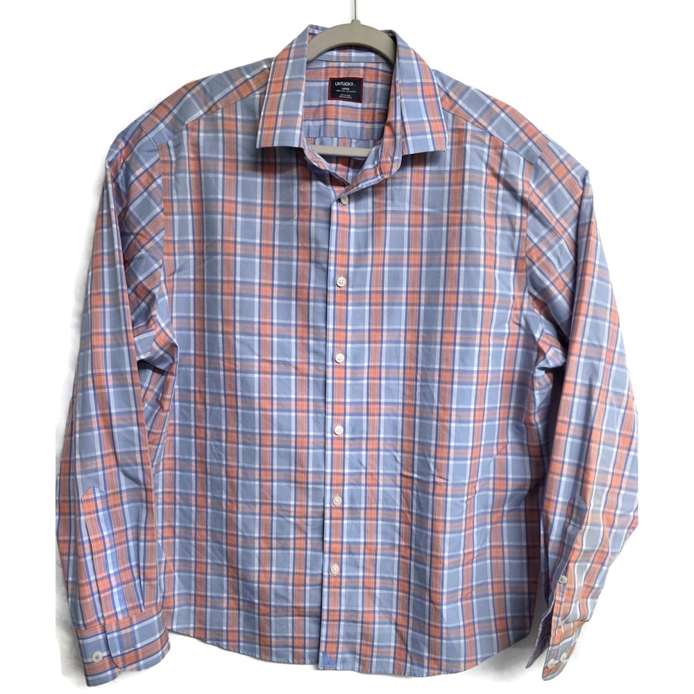 UNTUCKit Ravenswood Blue Orange Plaid Wrinkle Free Relaxed Fit Shirt Large 42072